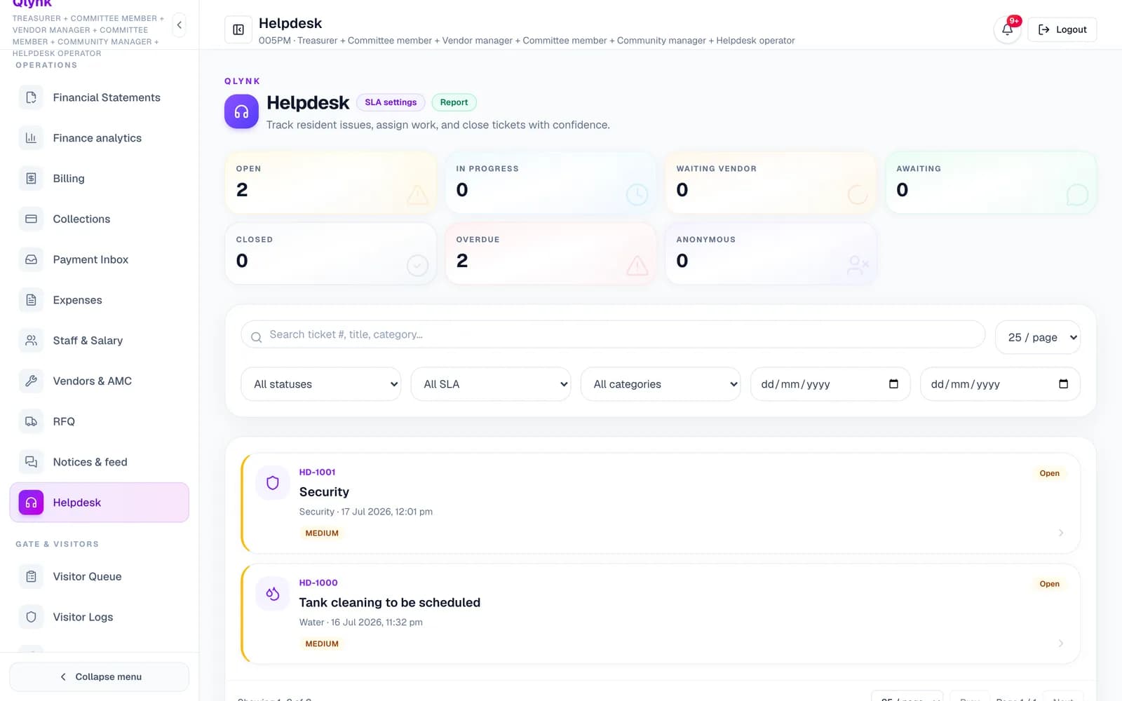 Qlynk society workspace — helpdesk, tickets, and operations.