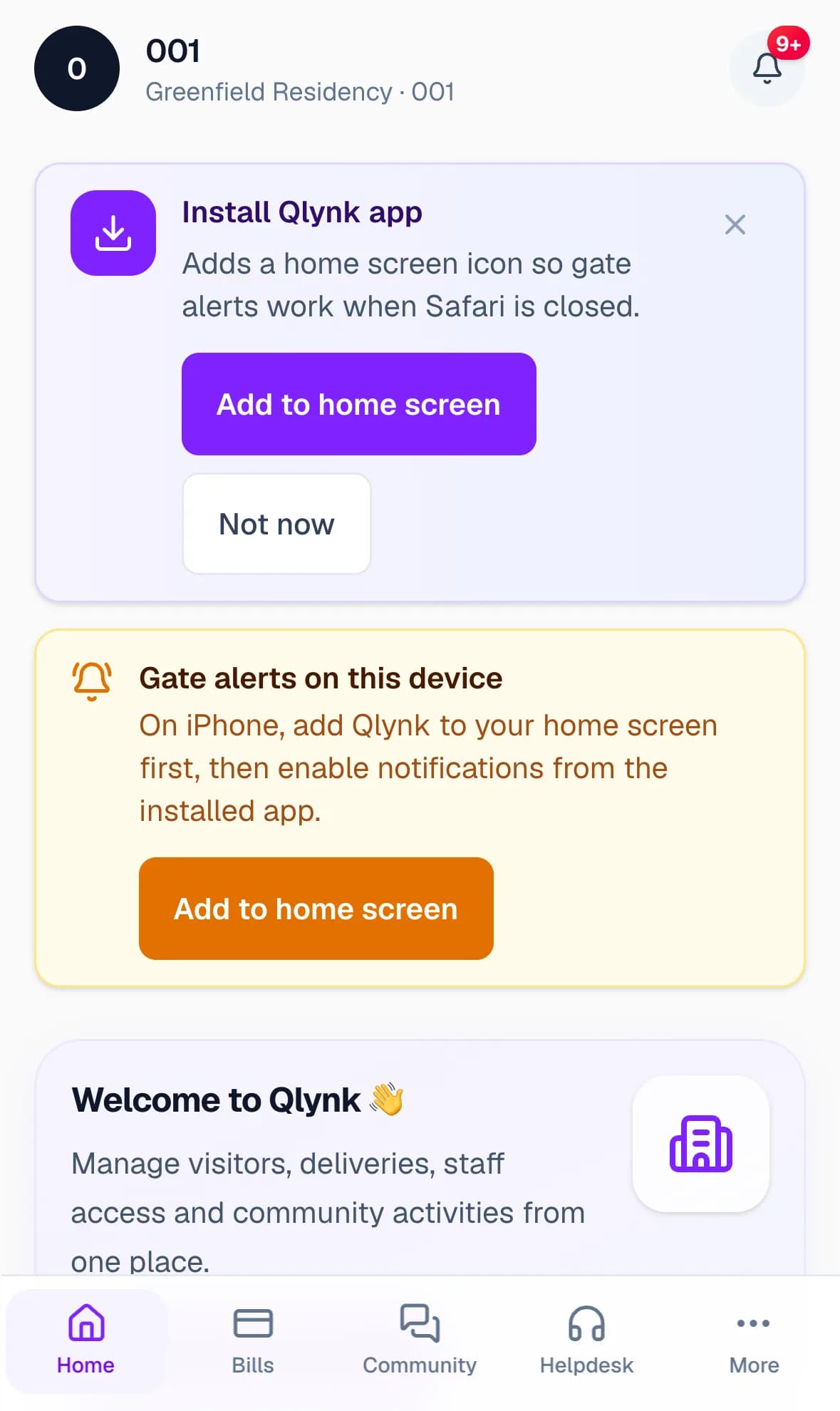 Qlynk resident mobile app.